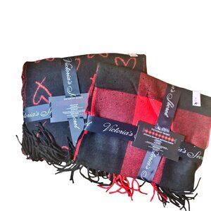 NWT2 Victorias Secret Cozy Blanket Scarves Heart & Plaid, Black & Red Check Logo